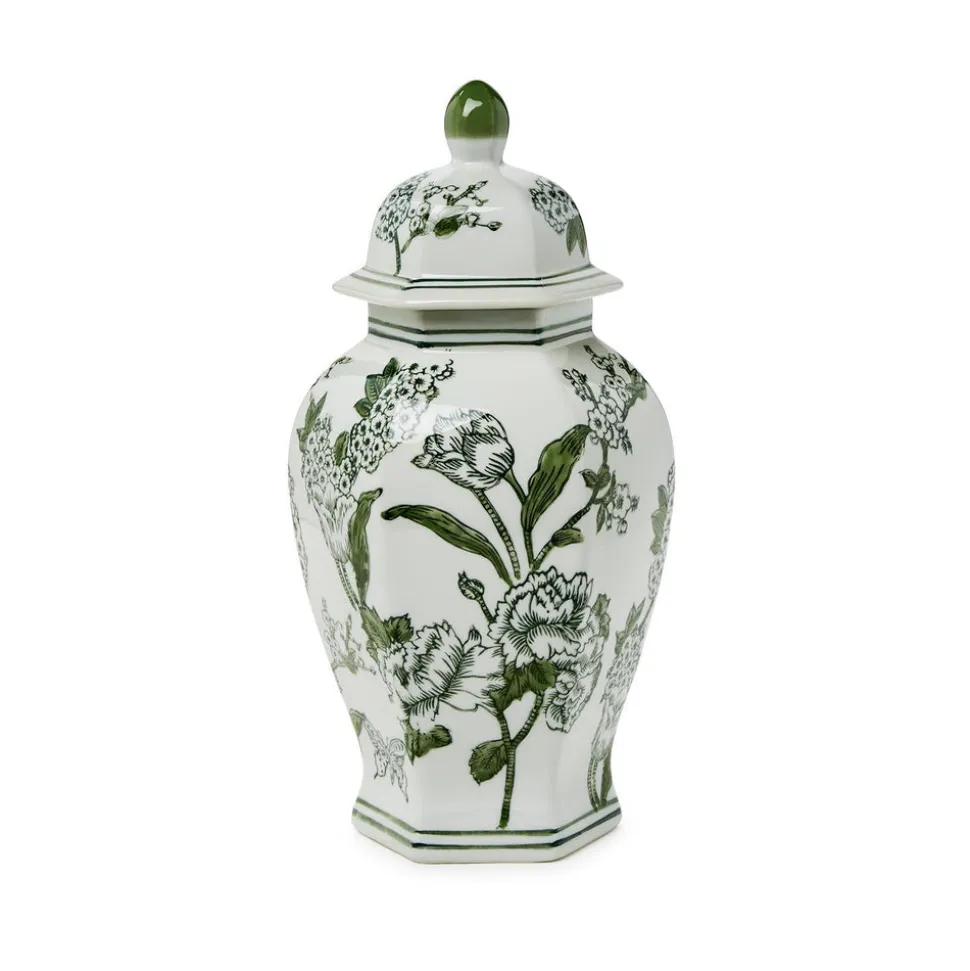 14" Primrose Lotus Green & White Chinoiserie Temple Jar with Lid