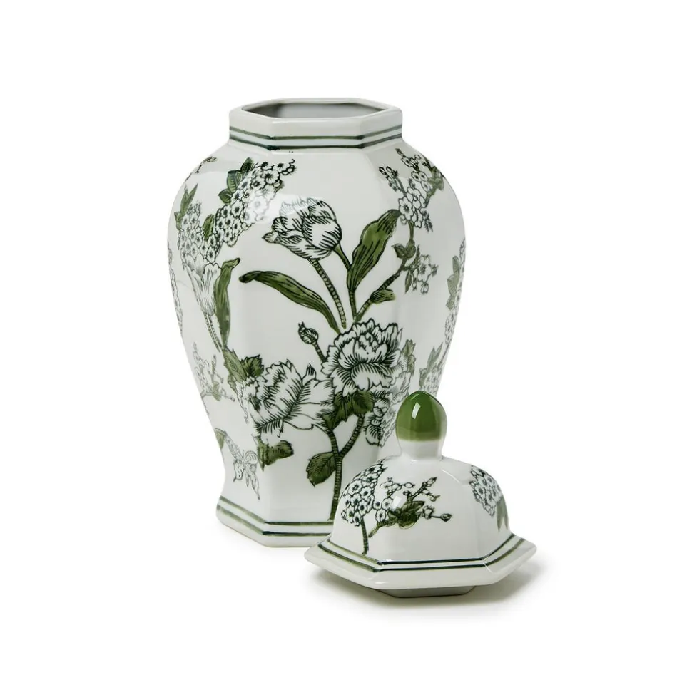 14" Primrose Lotus Green & White Chinoiserie Temple Jar with Lid