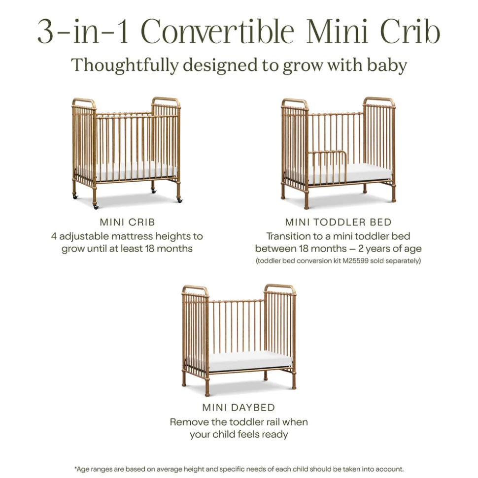 Abigail 3-in-1 Convertible Mini Crib in Vintage Gold
