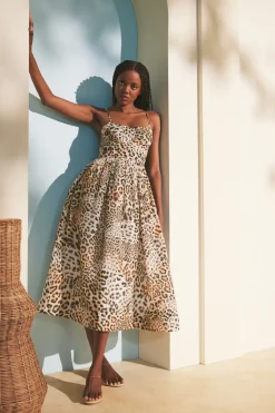 Alba Silk Linen Midi Dress in Cheetah Natural