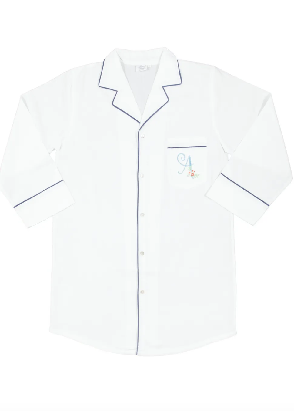 Ally White Cotton Nightshirt with Navy Blue Piping