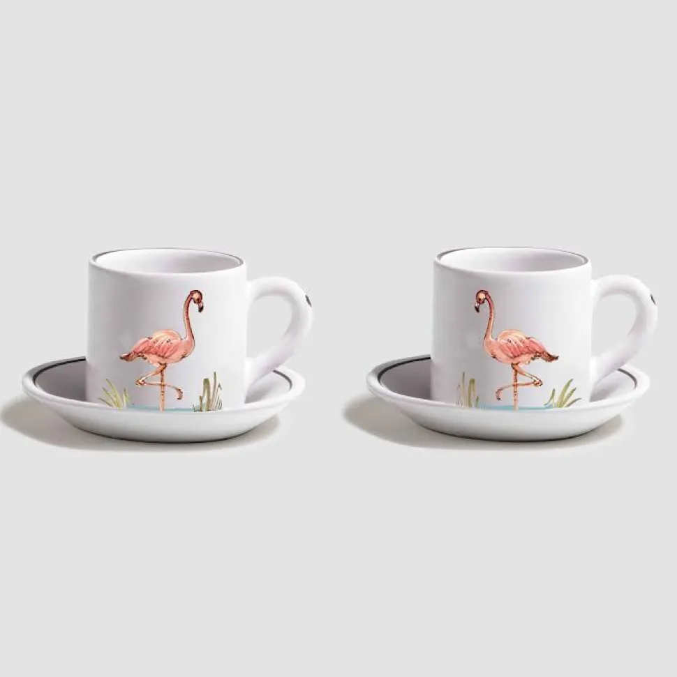 Animaux de la Savane Pair of Espresso Cups & Saucers, Flamingo