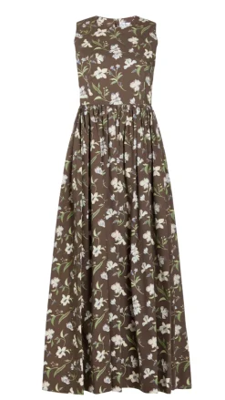 Ankle-Length Cornelia Dress in Brown Hibiscus