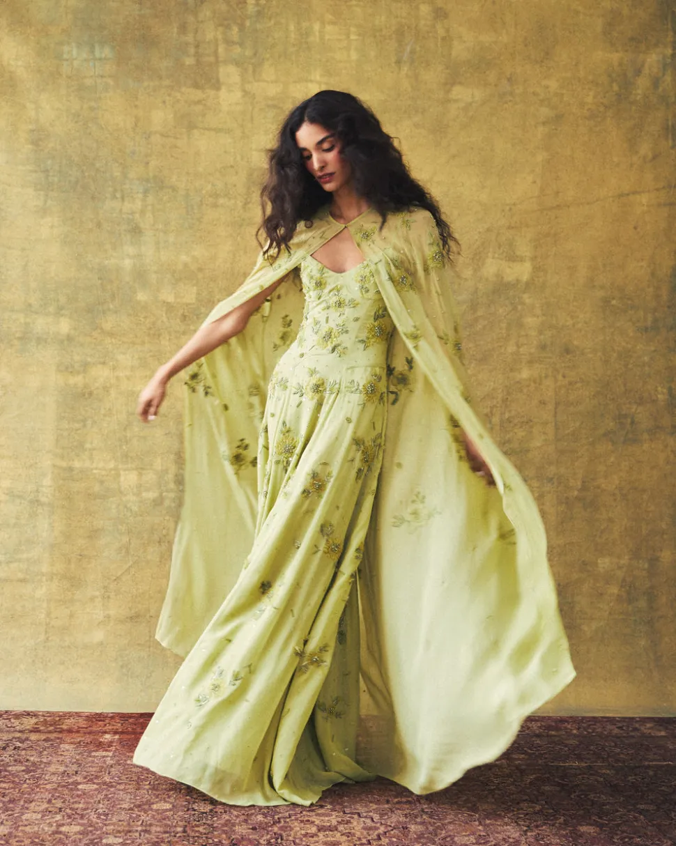 Anne Cape in Tarragon with Wildflower Clusters