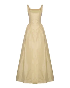 Antoinette Dress in Butter Yellow Taffeta with Ribbon Embroidery