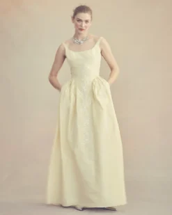 Antoinette Dress in Butter Yellow Taffeta with Ribbon Embroidery