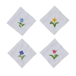 Assorted Flower & Inch Worm Linen Cocktail Napkins, Set of 4