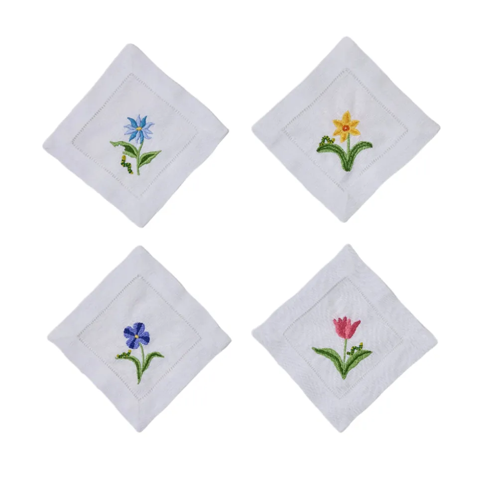 Assorted Flower & Inch Worm Linen Cocktail Napkins, Set of 4