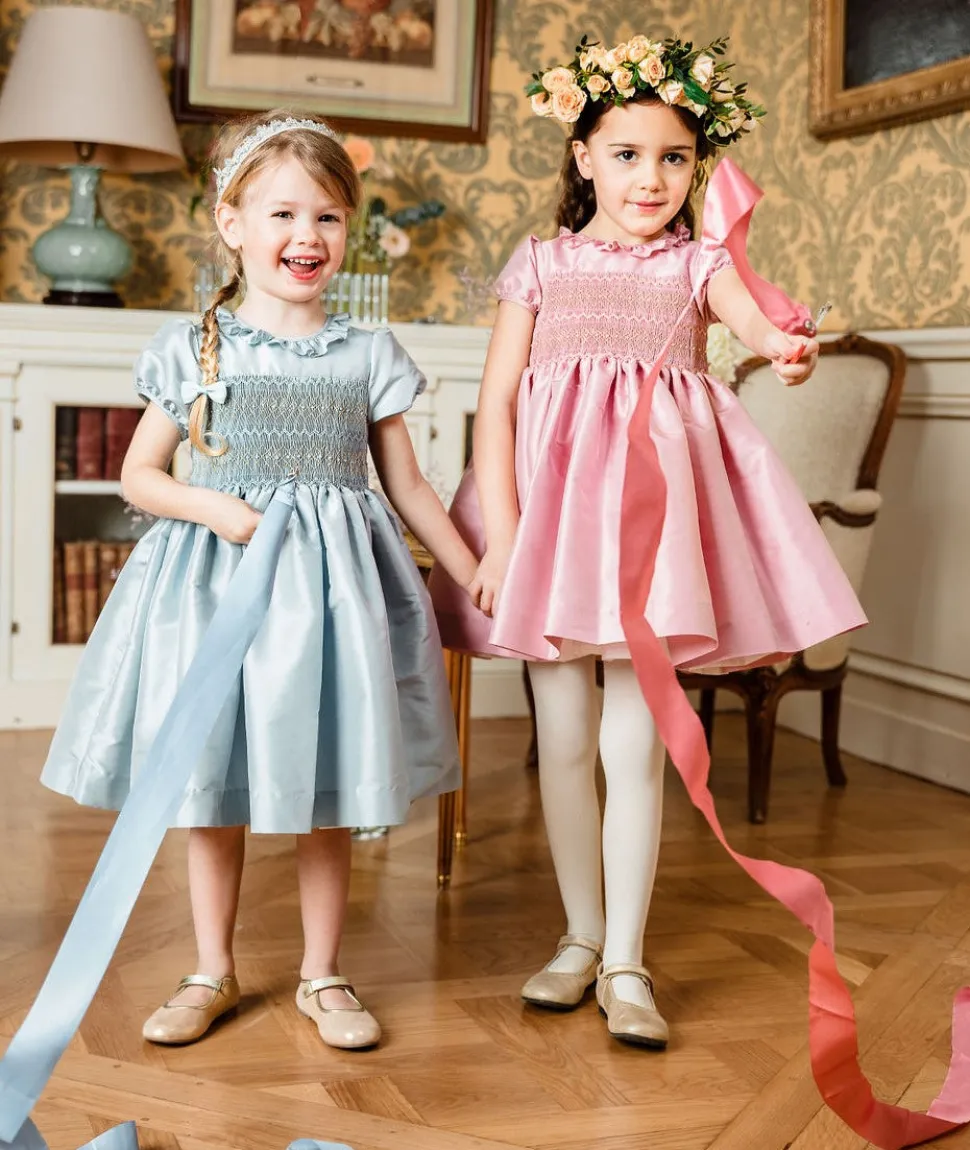 Astrid Blue Silk Smocked Girl Dress