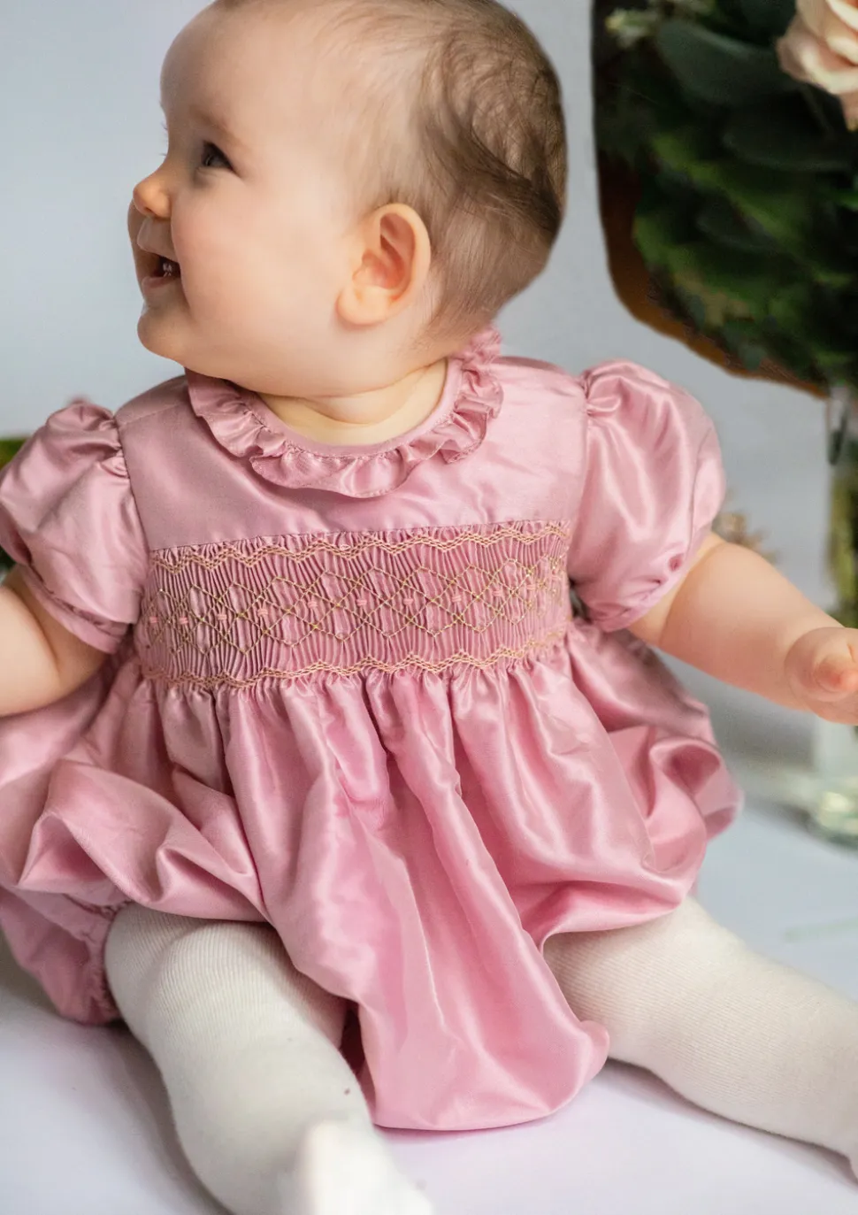 Astrid Pink Silk Smocked Baby Bubble