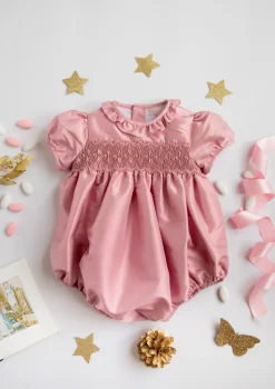 Astrid Pink Silk Smocked Baby Bubble