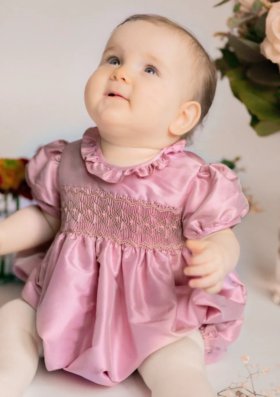 Astrid Pink Silk Smocked Baby Bubble