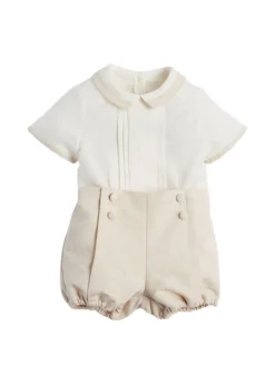Baby Boy Celebration Bloomers and Linen Shirt Set in Beige