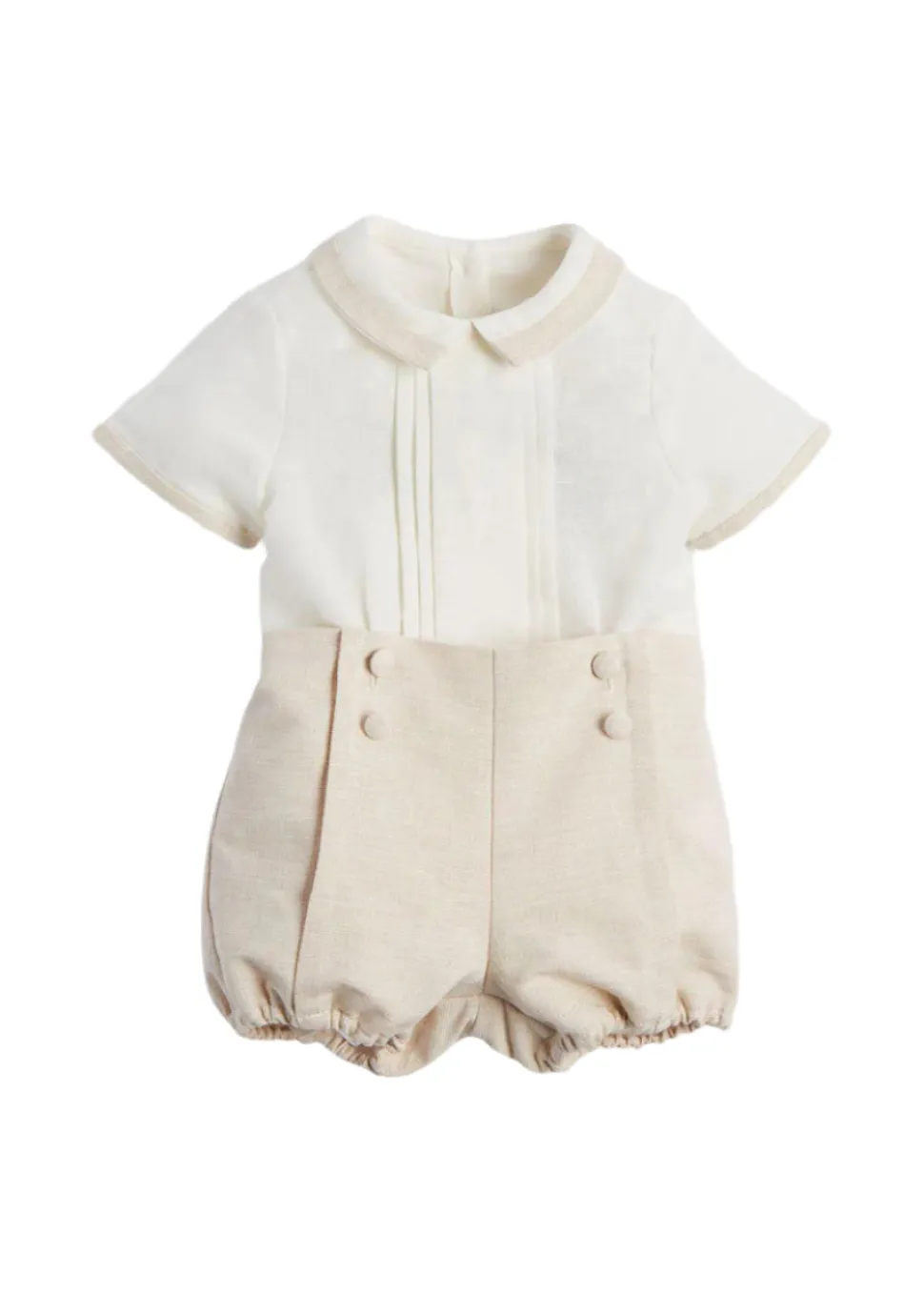 Baby Boy Celebration Bloomers and Linen Shirt Set in Beige