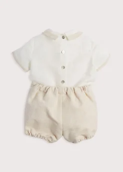 Baby Boy Celebration Bloomers and Linen Shirt Set in Beige