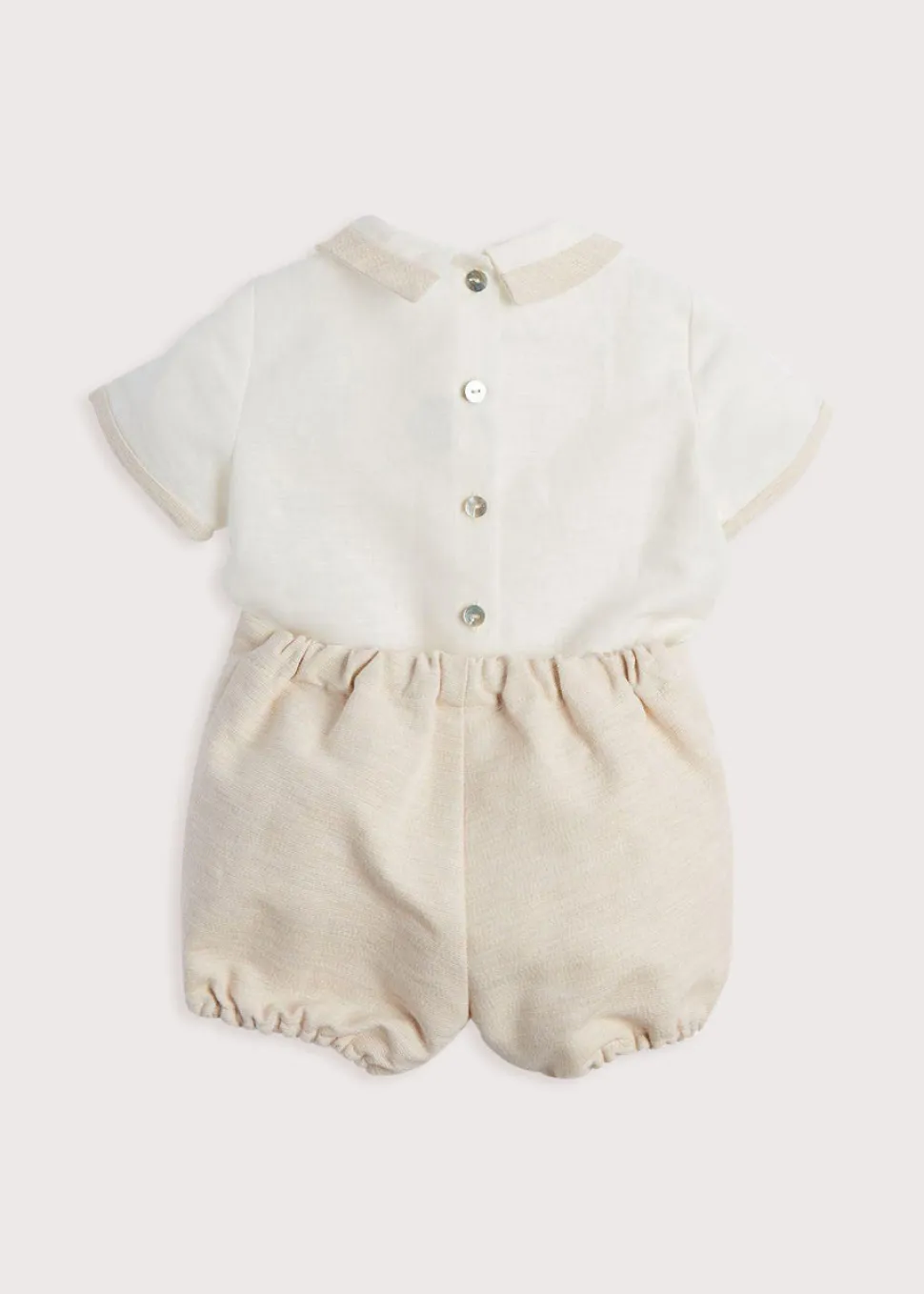 Baby Boy Celebration Bloomers and Linen Shirt Set in Beige