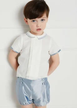 Baby Boy Celebration Bloomers and Linen Shirt Set in Blue Silk