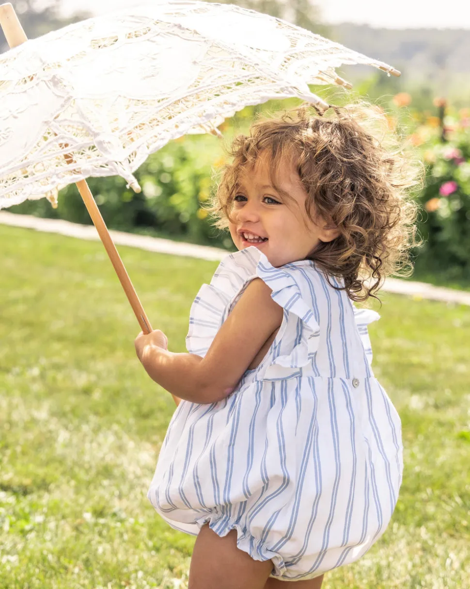Baby’s Twill Ruffled Romper in Periwinkle Stripe