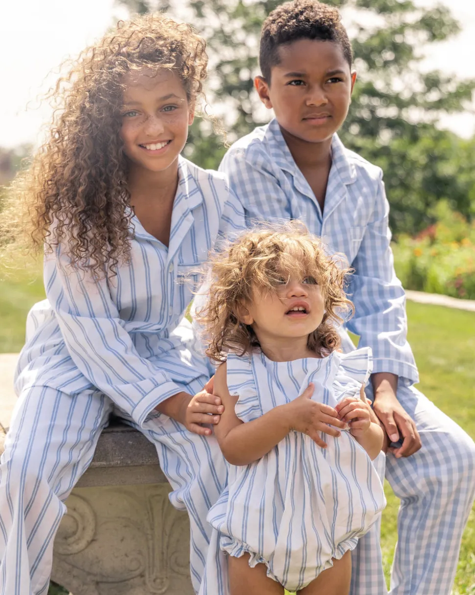Baby’s Twill Ruffled Romper in Periwinkle Stripe