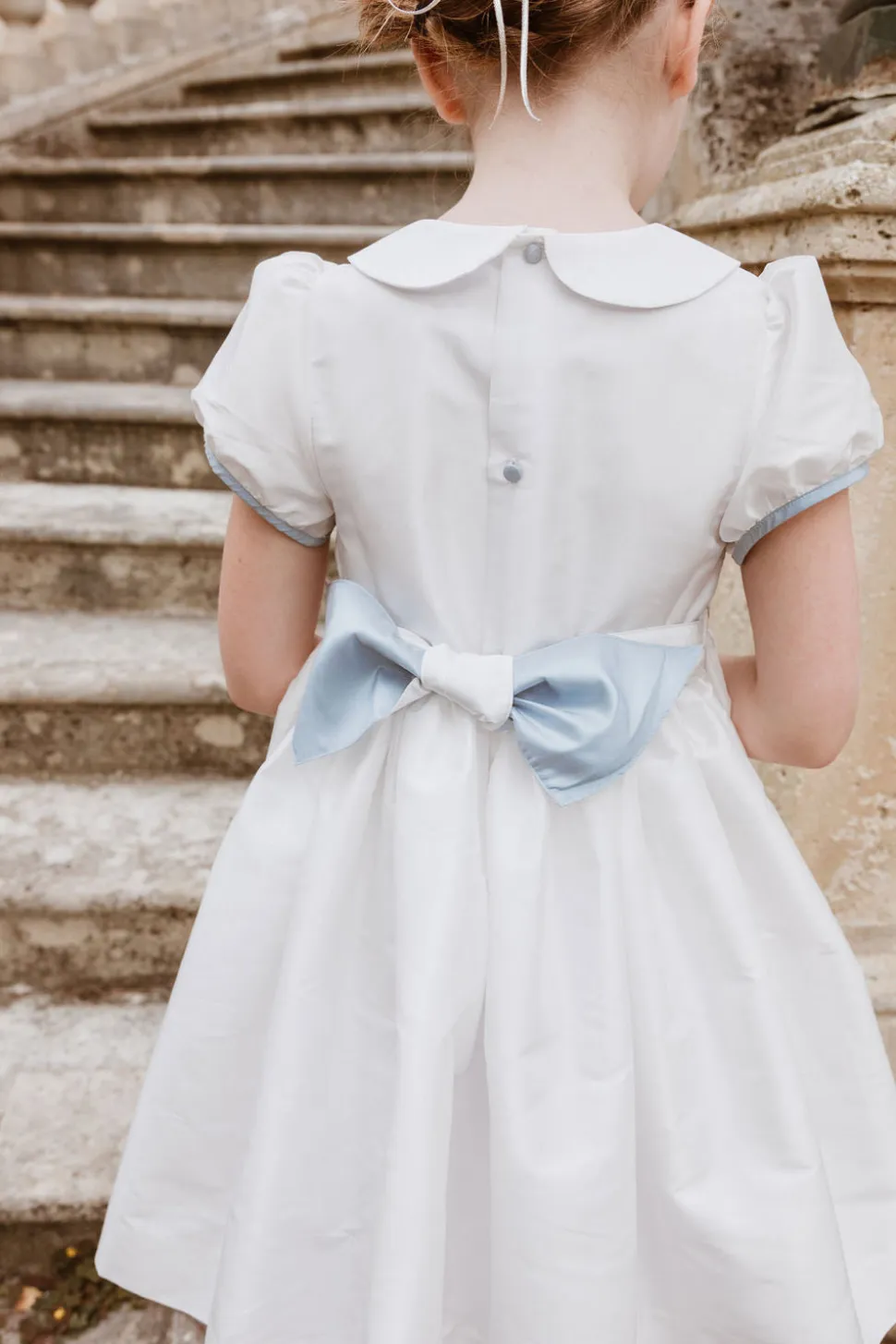Bagatelle White/Blue Silk Handmade Smocked Dress