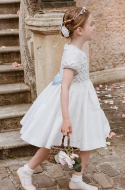 Bagatelle White/Blue Silk Handmade Smocked Dress