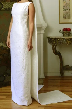 Bateau Neck Column Panel Back Gown in French White On White Brocade