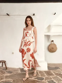 Beatrice Linen Midi Skirt in Ecru & Orange Gladiolos