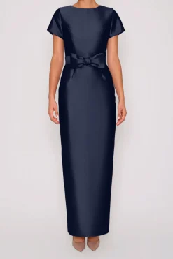 Bella Silk and Wool Column Gown with Removable Bow Belt