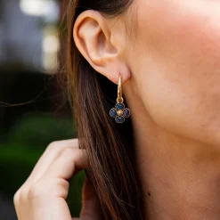 Berry Clover Hoop Earrings with Double Sided Charm in Blue Labradorite