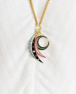Black Enamel Multi Stone Crescent Charm