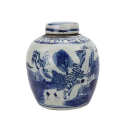 Blue and White Mini Jar with a Mountain and Tree