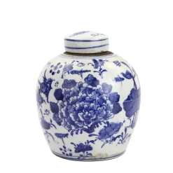 Blue and White Tiny Lid Mini Jar Peony Lotus Motif