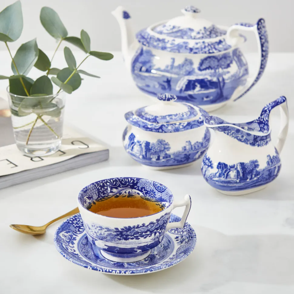 Blue Italian Teacup & Saucers, Set of 4
