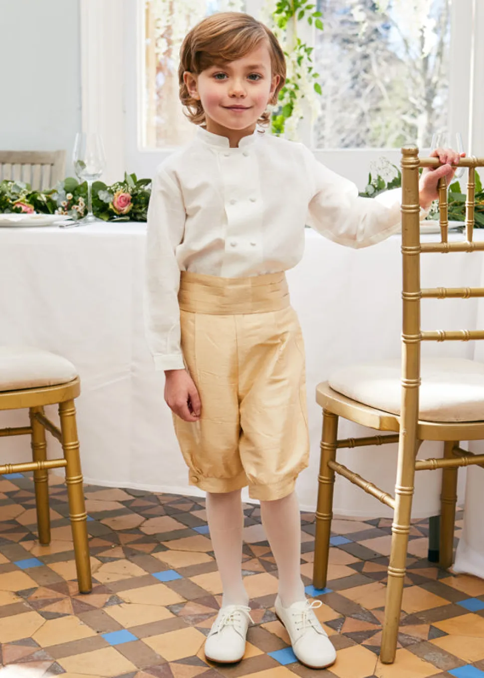 Boy's Double-Breasted Mandarin Collar Shirt in White