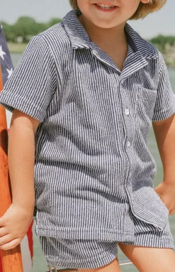 Boy’s Navy Stripe French Terry Button Up