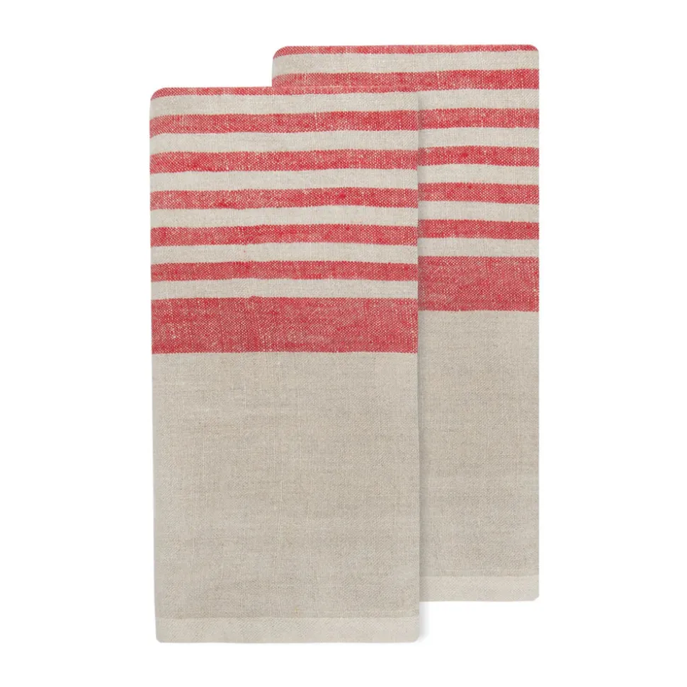 Brittany Natural Tea Towels in Natural & Red, Set of 2