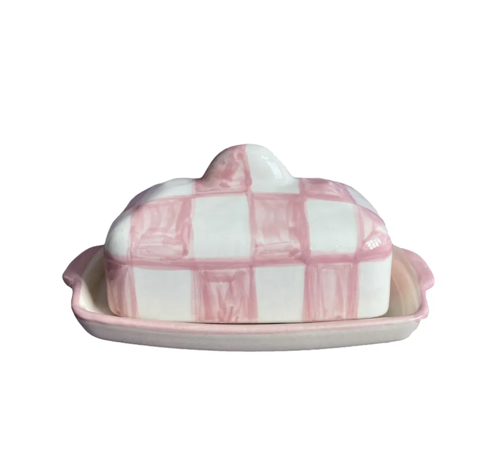 Buttercup Butterdish in White & Pink Checkerboard