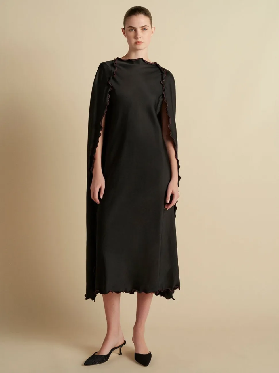 Cady Cape Dress with Scalloped Edge in Black