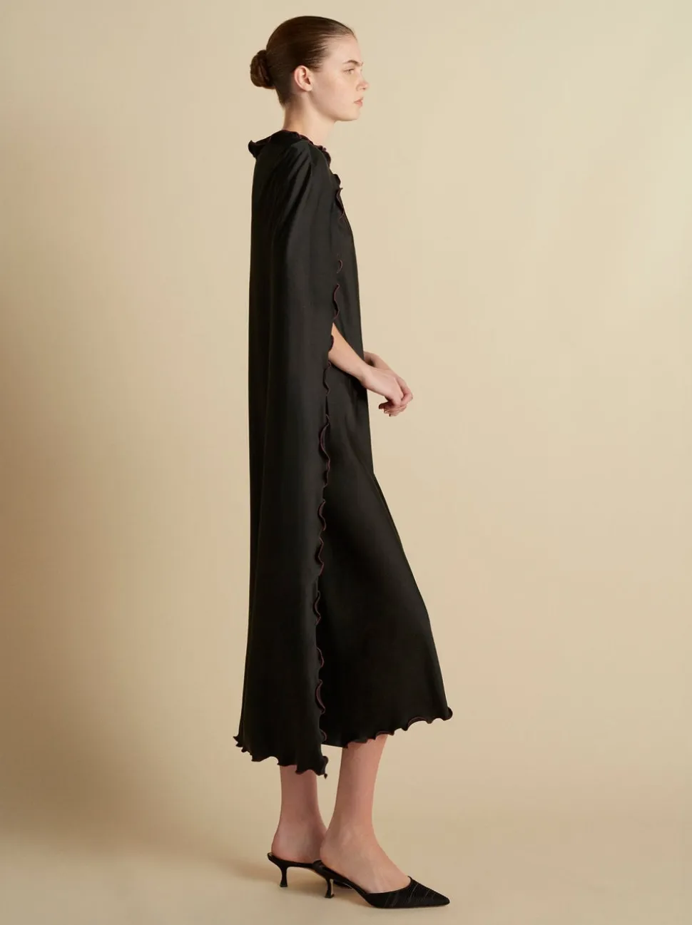 Cady Cape Dress with Scalloped Edge in Black
