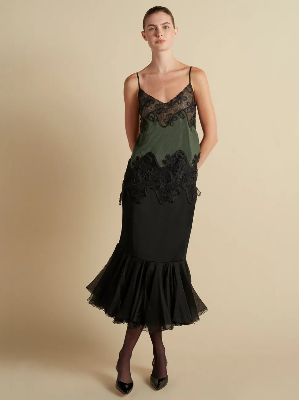 Cady Skirt with Organza Flounce Hem in Black