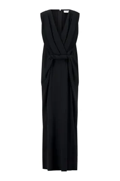 Cady V-Neck Draped Twist Belt Dress in Black