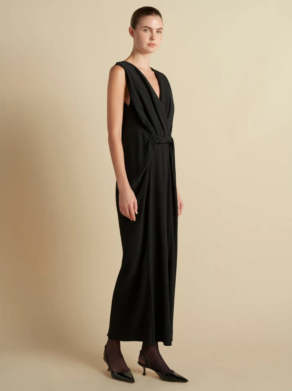 Cady V-Neck Draped Twist Belt Dress in Black