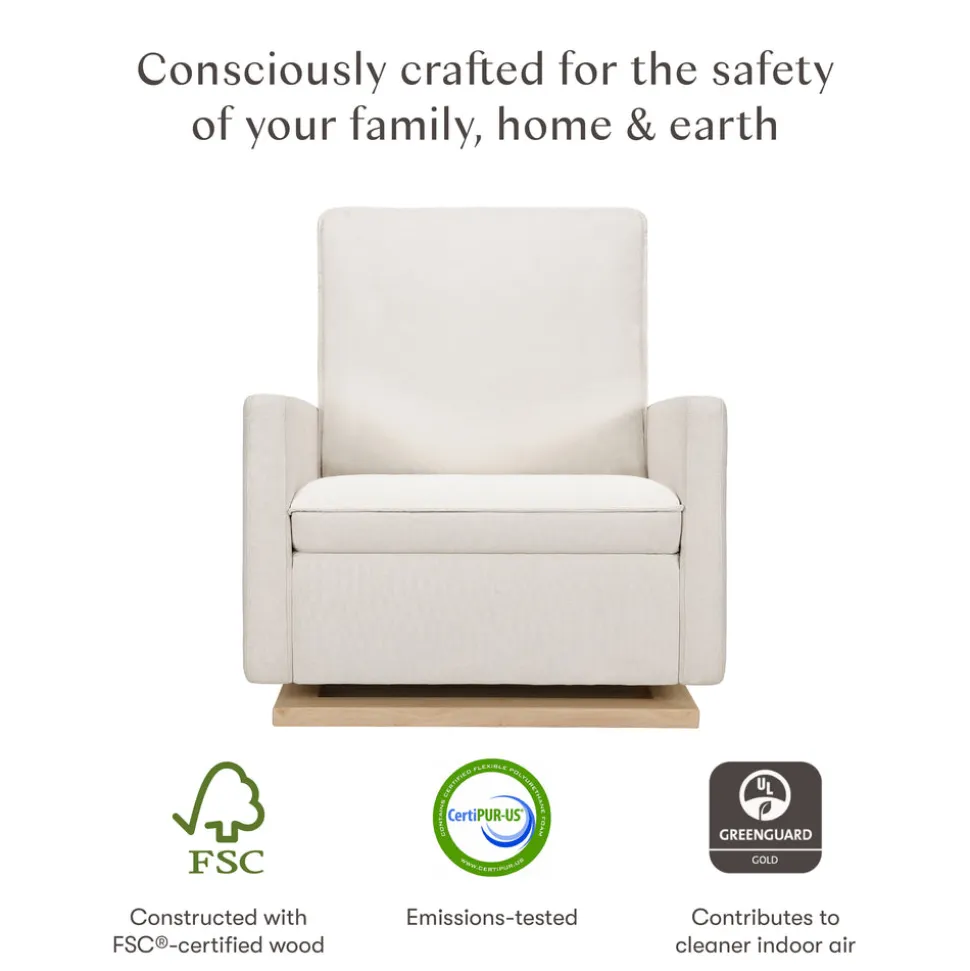 Cali Pillowback Chair and a Half Glider in Eco-Performance Fabric | Water Repellent & Stain Resistant in Performance Cream Eco-Weave with Light Wood Base