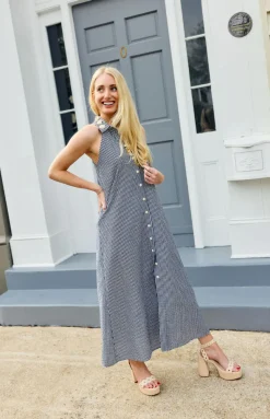 Cami Collar Dress in Navy Gingham with Cream Crochet Applique
