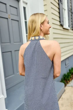 Cami Collar Dress in Navy Gingham with Cream Crochet Applique