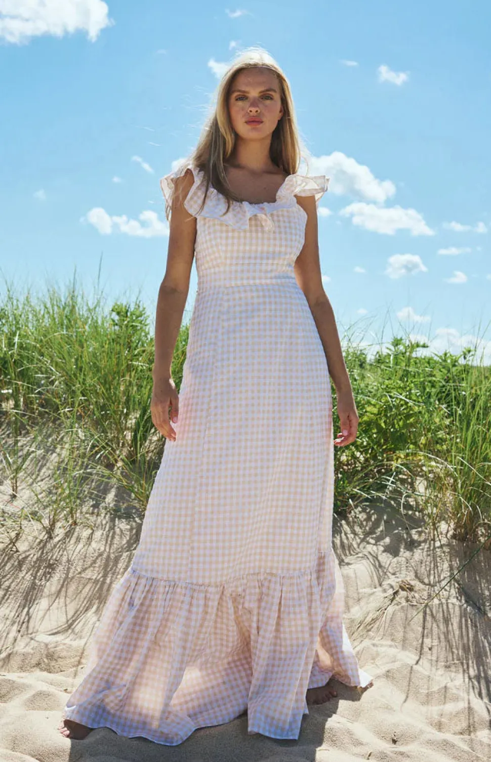 Camille Dress in Tan Gingham