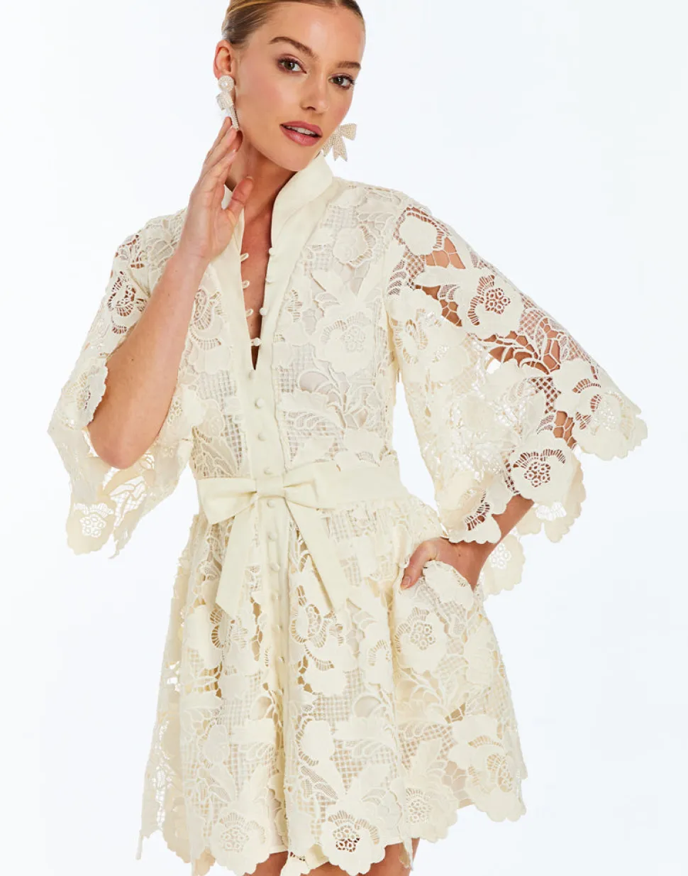 Carmen Lace Mini Dress in Ivory
