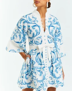 Carmen Mini Dress in Blue & Ivory