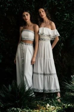 Carnation Ruffle Dress in Off-White & Blue