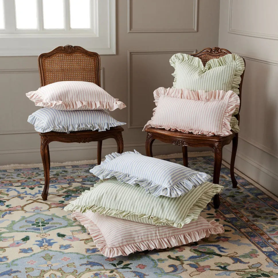 Carolina Stripe Frill Pillow in Atlantic Blue